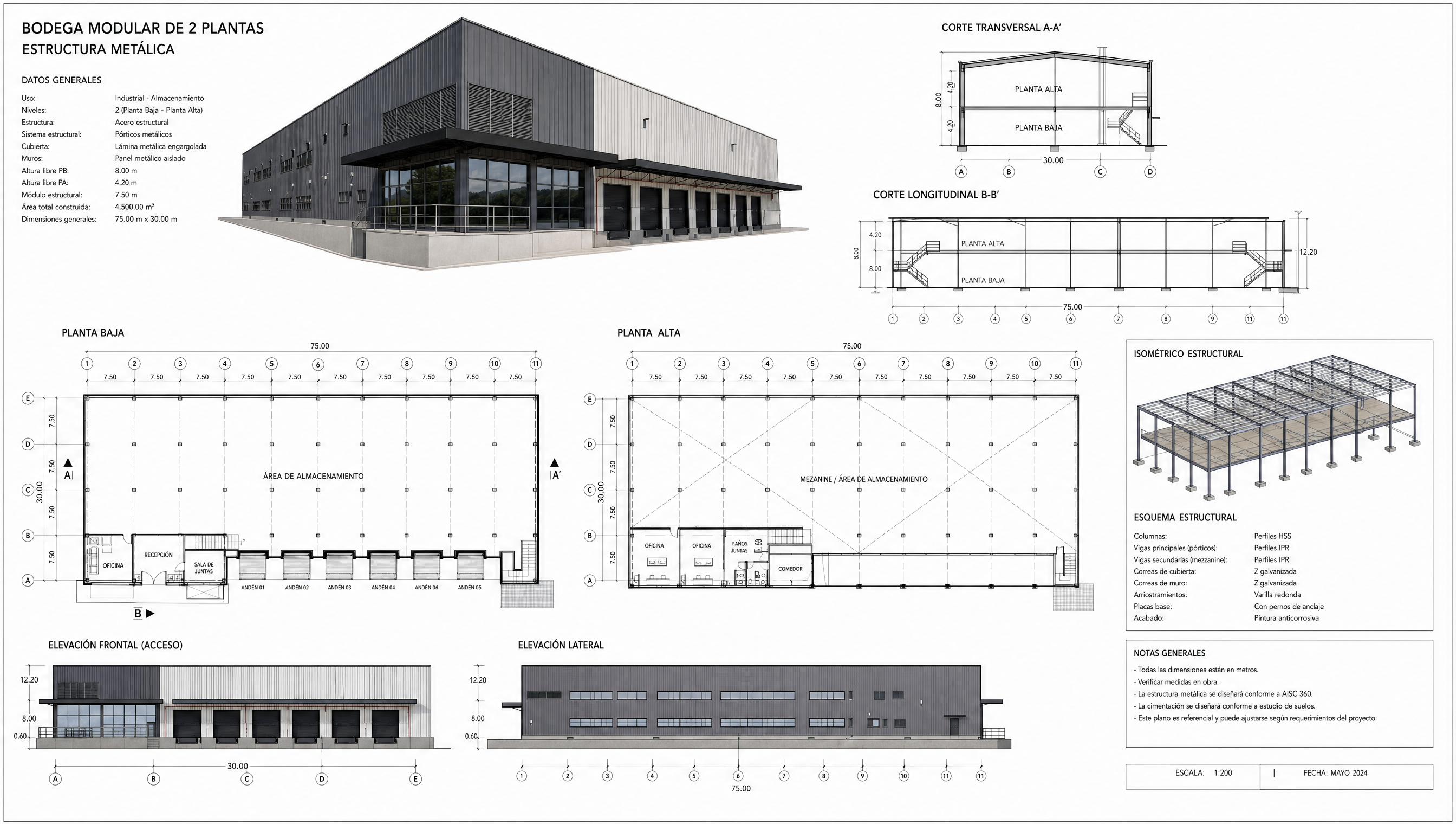 Plano arquitectonico Bodega Logistica 800 m2